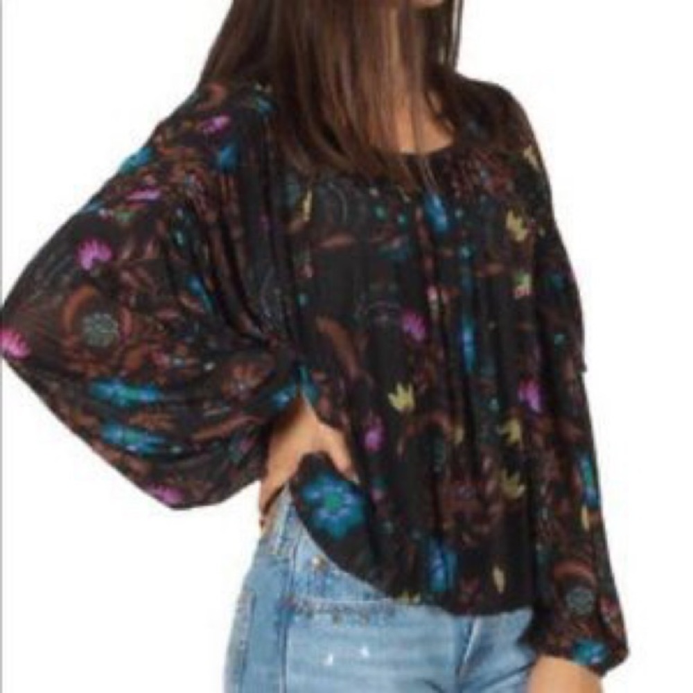 Free People Wildflower Honey Stretch Mesh Floral‎ Ruffle Blouse